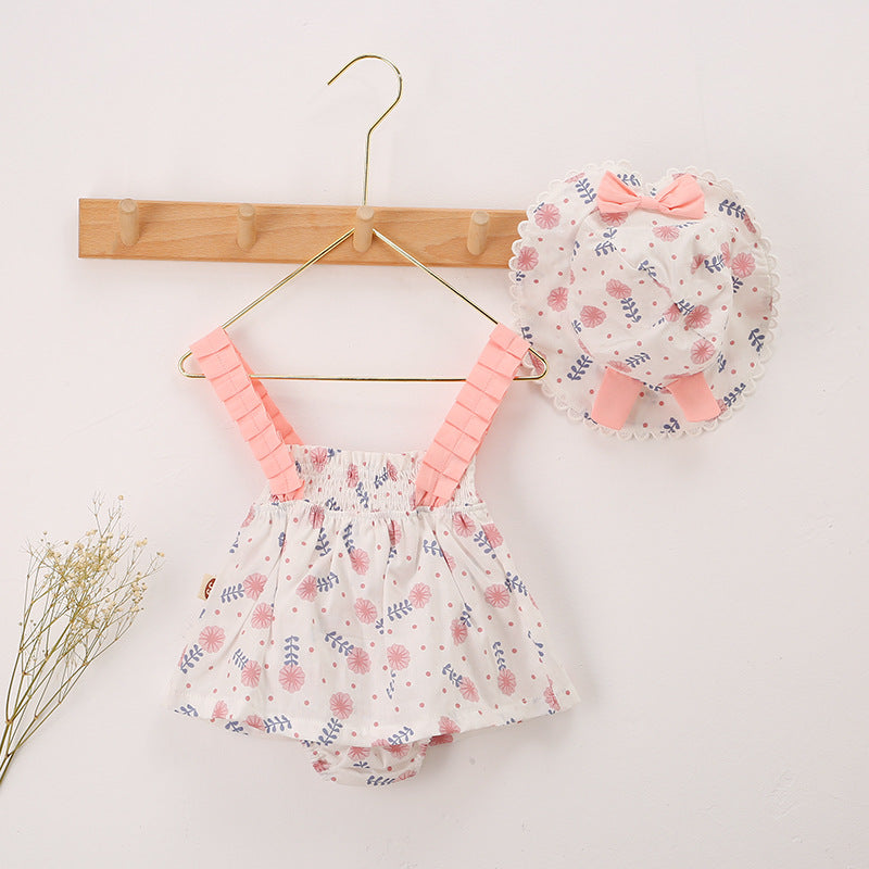 Baby Girl Floral Print Bow Decoration Design Sling Dress Onesies With Hat My Kids-USA