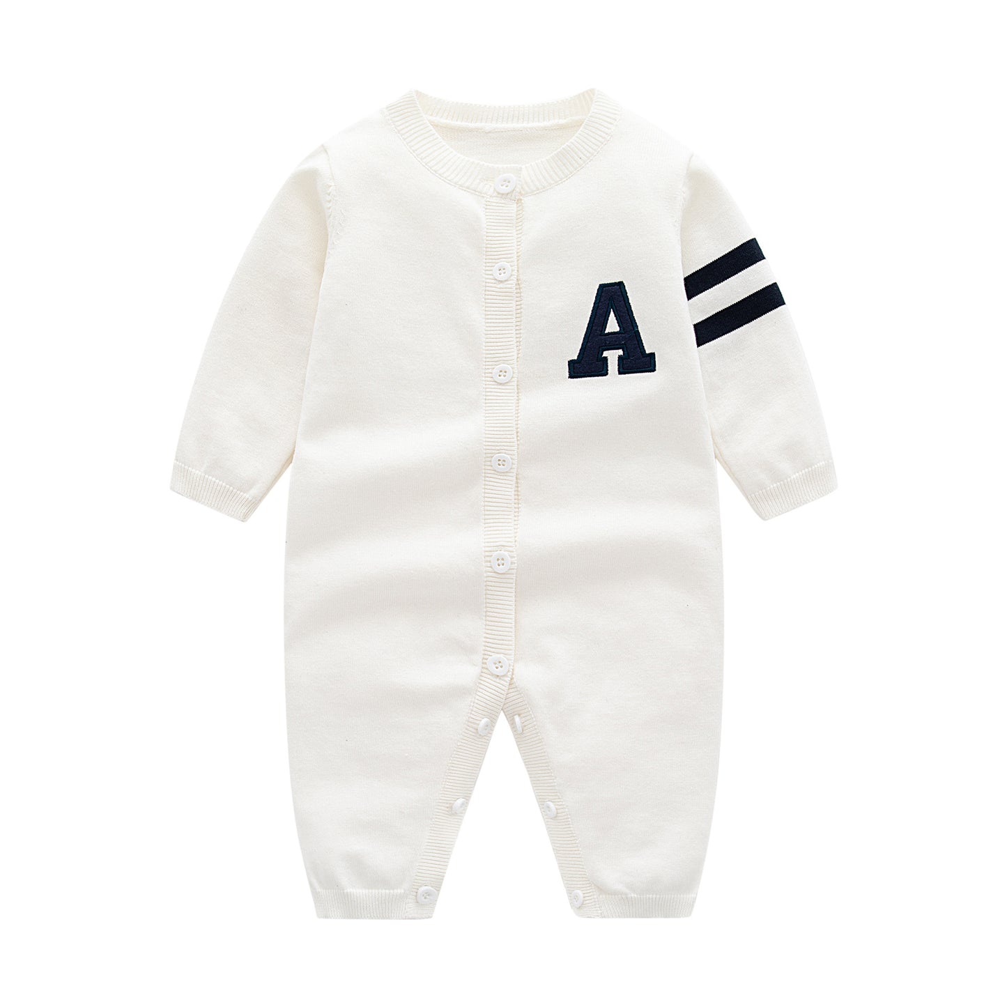 Baby Letter Embroidered Pattern Side Striped Design Full Button Fashion Romper