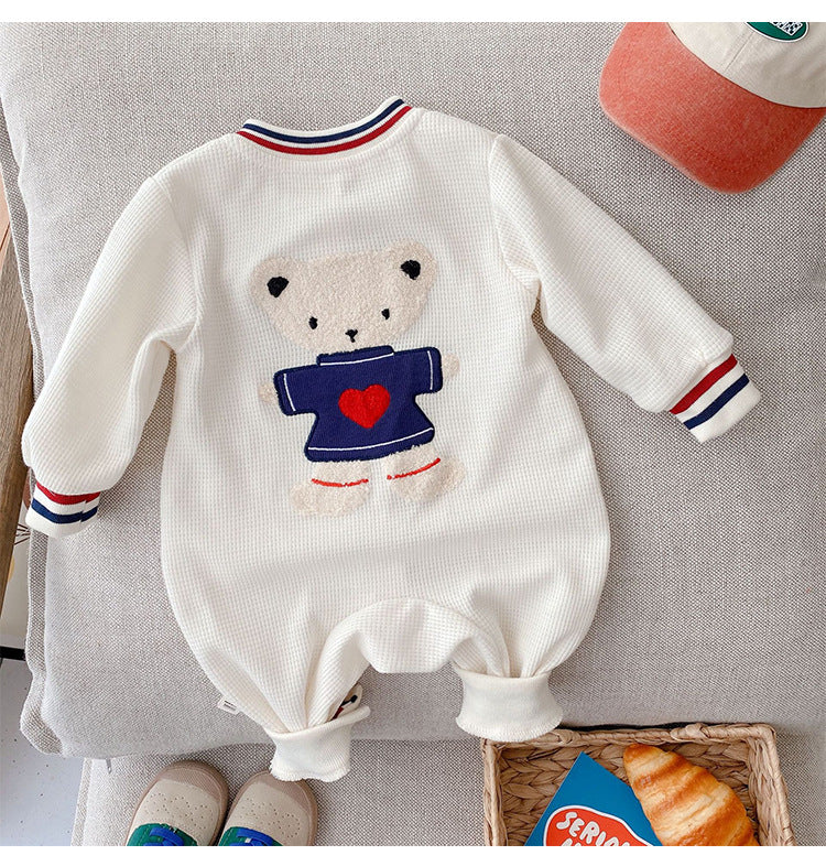Baby Boy Bow Tie Patched Pattern Back Bear Embroidered Design Gentleman Cute Romper My Kids-USA