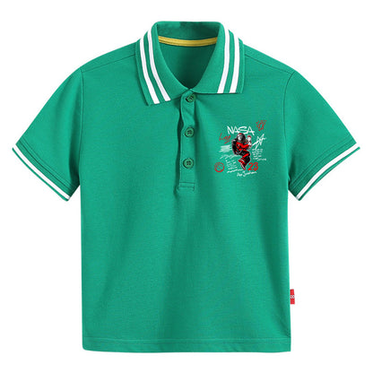 Baby Boy Hip Hop Astronaut Print Polo Collar Preppy Style Short-Sleeved Tee Shirt With Button