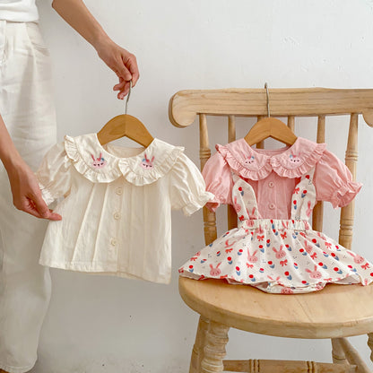 Baby Girl Solid Color Doll Neck Blouses With Strap Dress Sets
