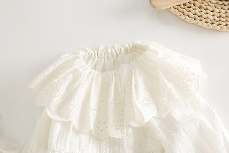 Baby Girl Solid Color Hollow Carved Pattern Ruffle Neck Onesies, MyKids-USA®, Baby One-Pieces, MyKids-USA -  -  -  -  -  -  - 