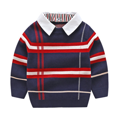 Baby Boy Striped Pattern False 1 Pieces Sweater With Detachable Shirt Neck My Kids-USA