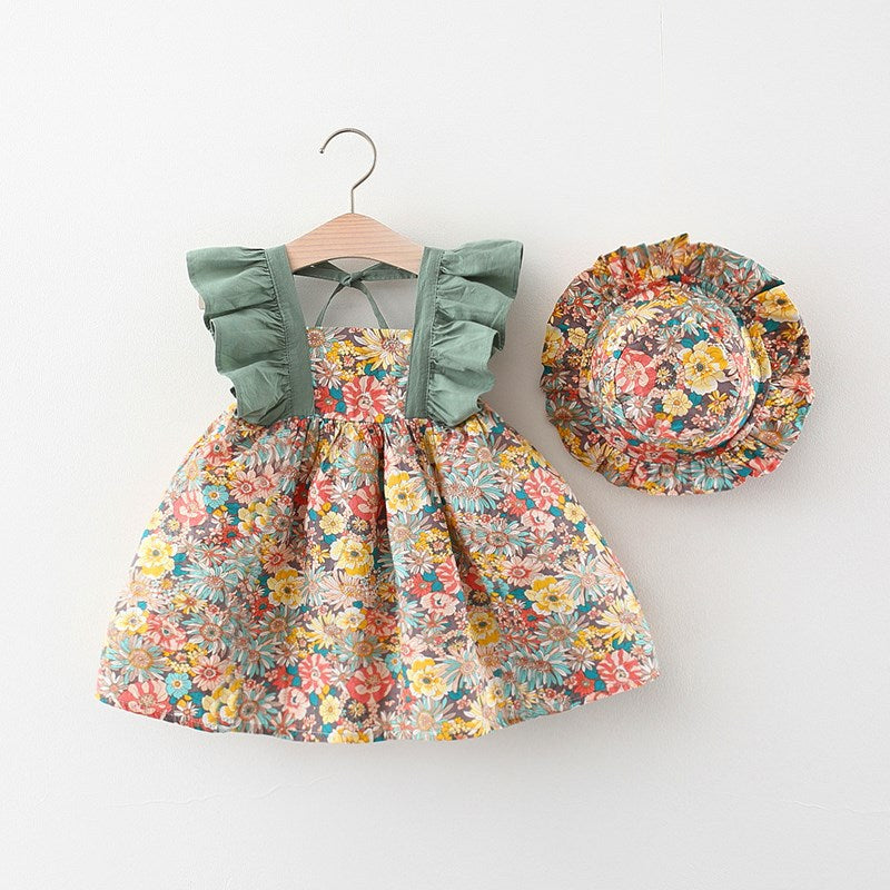 MyKids-USA Baby Girl Flower Pattern Butterfly Sleeve Design Cute Dress with Hat Green 90 (12-24M) MyKids-USA Baby Girl Flower Pattern Butterfly Sleeve Design Cute Dress with Hat Green 90 (12-24M)