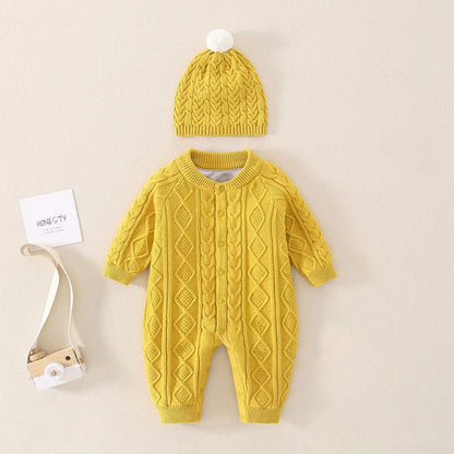 Barboteuse épaissie thermique à motif tricoté au crochet de couleur unie pour bébé 