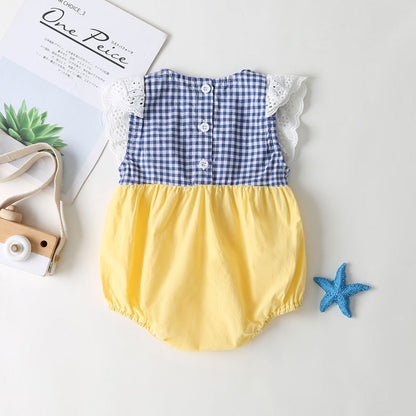 Baby Girl Plaid Pattern Lace Patchwork Bow Sleeveless Princess Onesies In Summer My Kids-USA