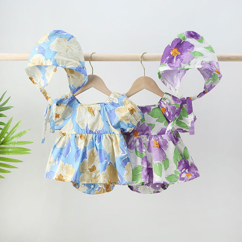 Baby Girls Floral Print Puff Sleeves Design Square Collar Onesies Dress In Summer With Hat My Kids-USA