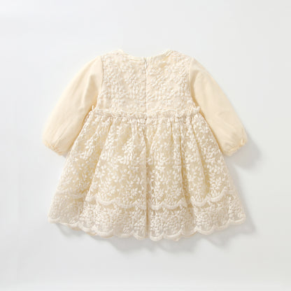 Baby Girl Round Collar Long-Sleeved Lace Party Dress