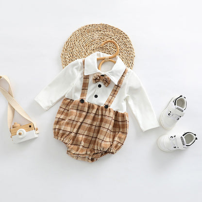Baby Plaid Pattern False 1 Pieces Design Bow Tie Decoration Bodysuit My Kids-USA