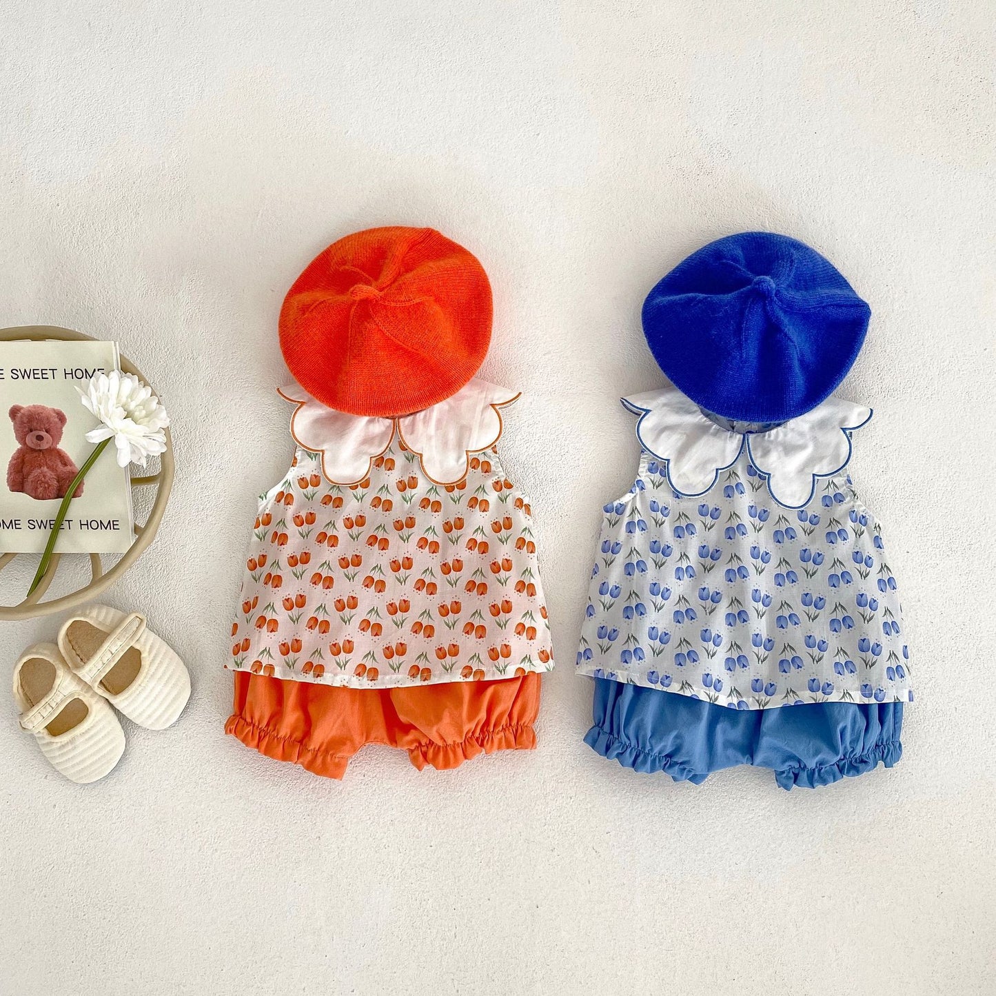 Baby Girl Floral Pattern Ruffle Neck Shirt Combo Shorts Sets