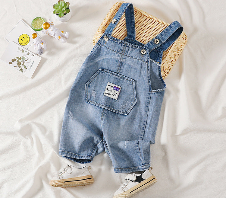 Baby Boy Embroidered Print Washed Blue Denim Short Overalls With Pocket My Kids-USA