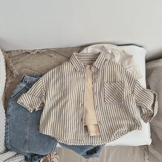 Camisa de algodón con estampado de rayas de bebé con diseño de botonadura sencilla 