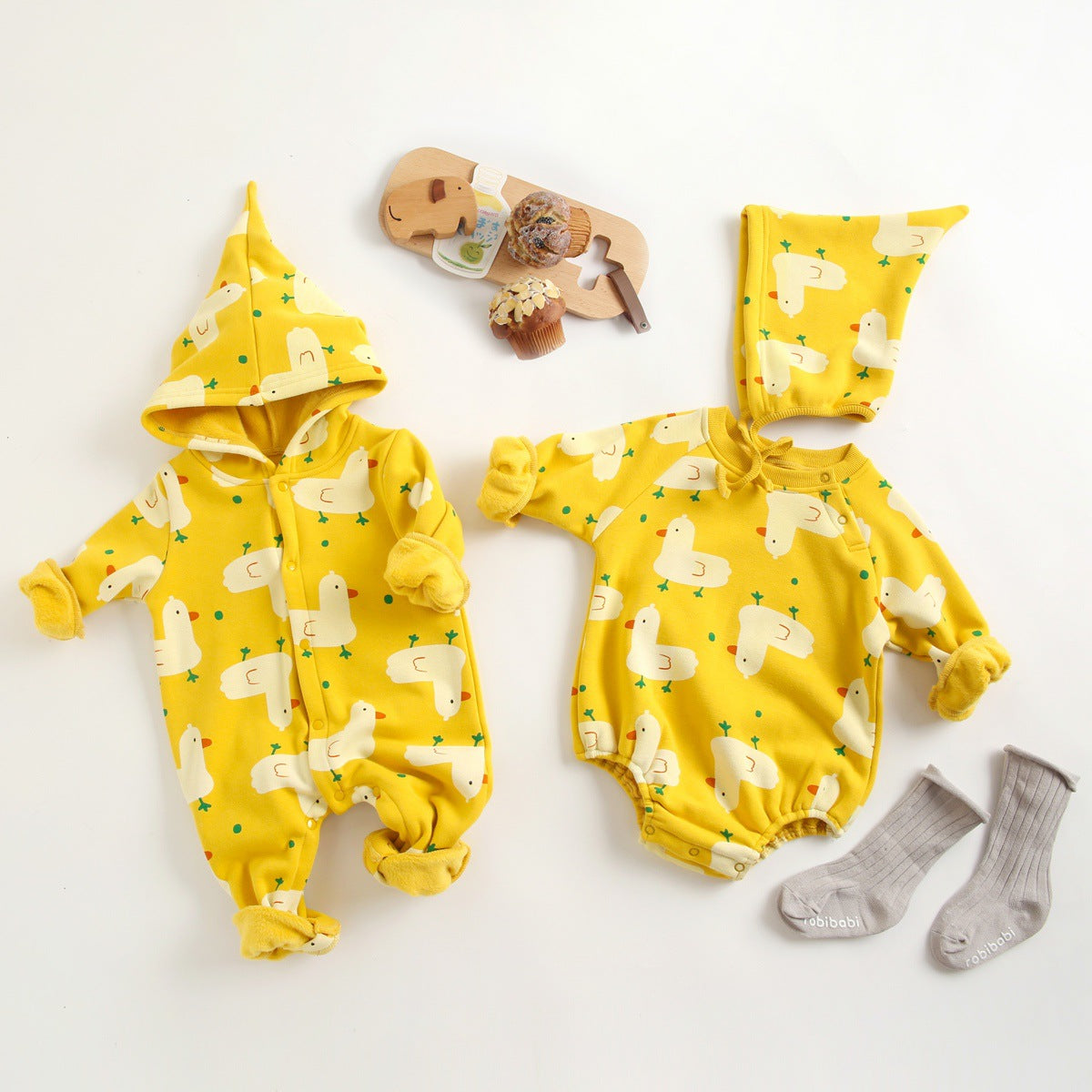 Baby 1pcs Cartoon Duck Print Button Front Rompers & Onesies With Triangle Hats My Kids-USA