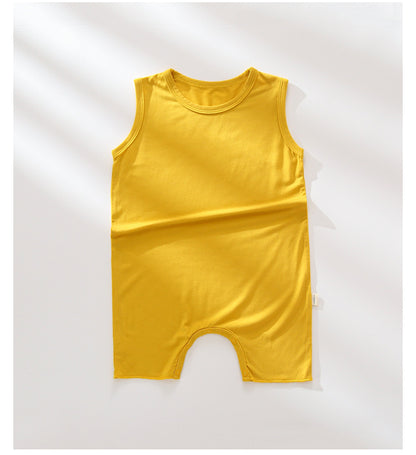Baby Solid Color Round Collar Design Sleeveless Soft Rompers Home Clothes