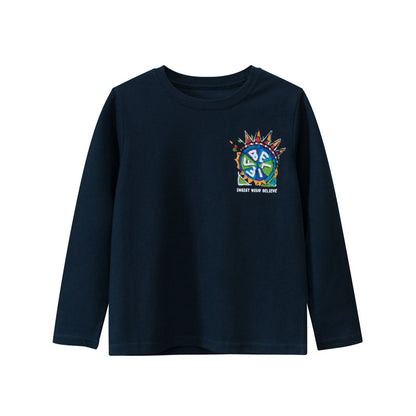 Children Colorful Print Pattern O-Neck Fashion Shirt, MyKids-USA®, Baby & Toddler Outerwear, MyKids-USA - Size/Age - 130 (7-8Y) - Color - Navy Blue (Dark Blue) -  -  - JM2208221826-A