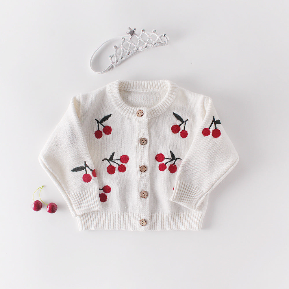 Baby Girl 1pc Cherry Embroidered Graphic Crotch Knitted Bodysuit & Button Front Sweater Coat Sets My Kids-USA