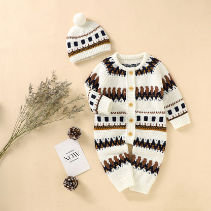 Baby Embroidered Pattern Contrast Design Vintage Style Warm Knitting Romper With Hat My Kids-USA