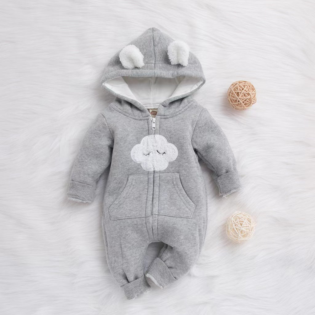 Baby Cartoon Cloud Pattern Zipper Front Solid Color Fleece Rompers With Hat My Kids-USA