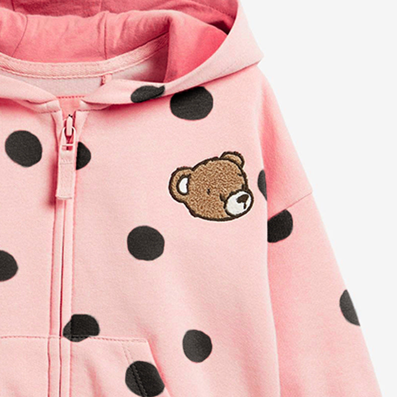 Baby Girl Polka Dot Pattern Bear Embroidered Design Zipper Coat My Kids-USA