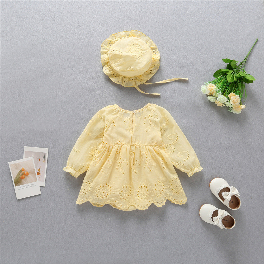 Baby Solid Yellow Hollow Carved Design Long Sleeves Bow Dress & Hat My Kids-USA