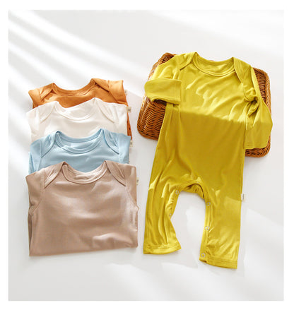 Kids Solid Color Round Collar Middle-Sleeved Rompers Home Clothes In Summer