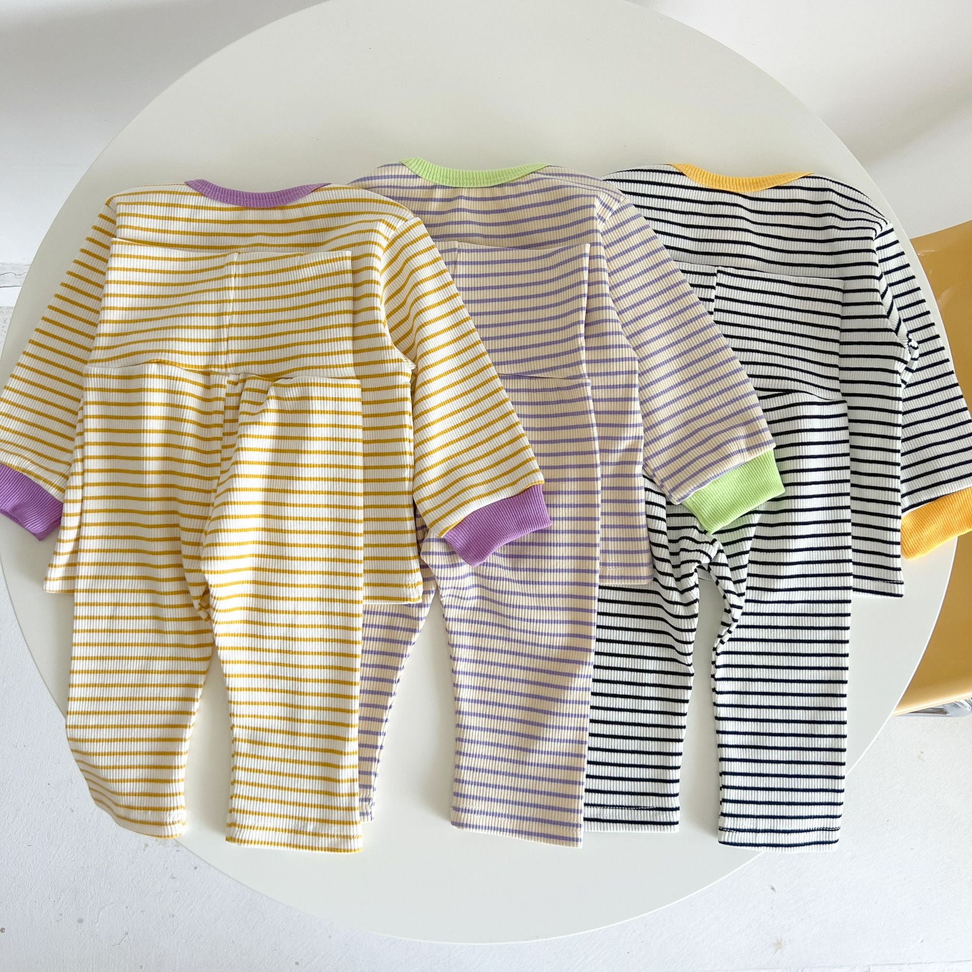 Baby Striped Pattern Quarter Buckle Design Tops Combo Leggings Sets My Kids-USA