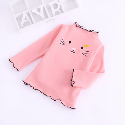 Baby Girl Cat Embroidery Pattern Wooden Ear Edge Design Solid Color Long Sleeve Bottoming Shirt