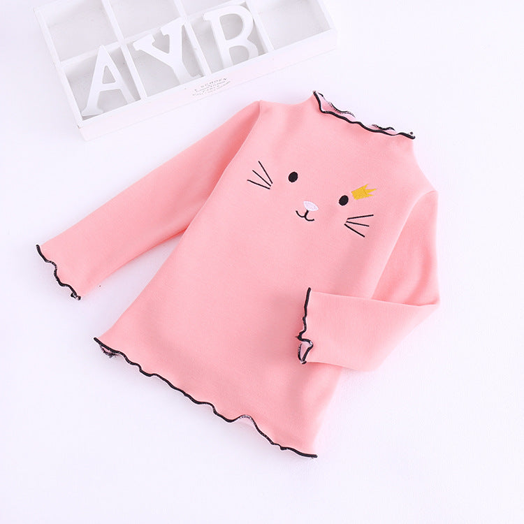 Baby Girl Cat Embroidery Pattern Wooden Ear Edge Design Solid Color Long Sleeve Bottoming Shirt