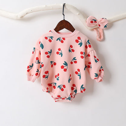 Baby Girl Allover Cherry Pattern Lantern Sleeves Triangle Bodysuit Onesies My Kids-USA