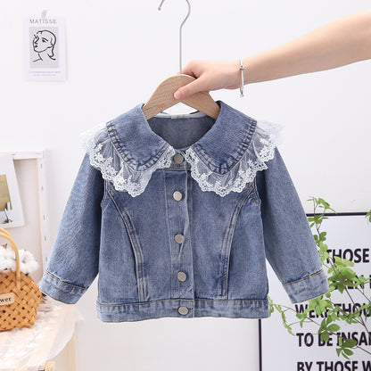 Baby Girl Lace Mesh Patches Doll Neck Button Front Design Sweet Style Denim Coat My Kids-USA