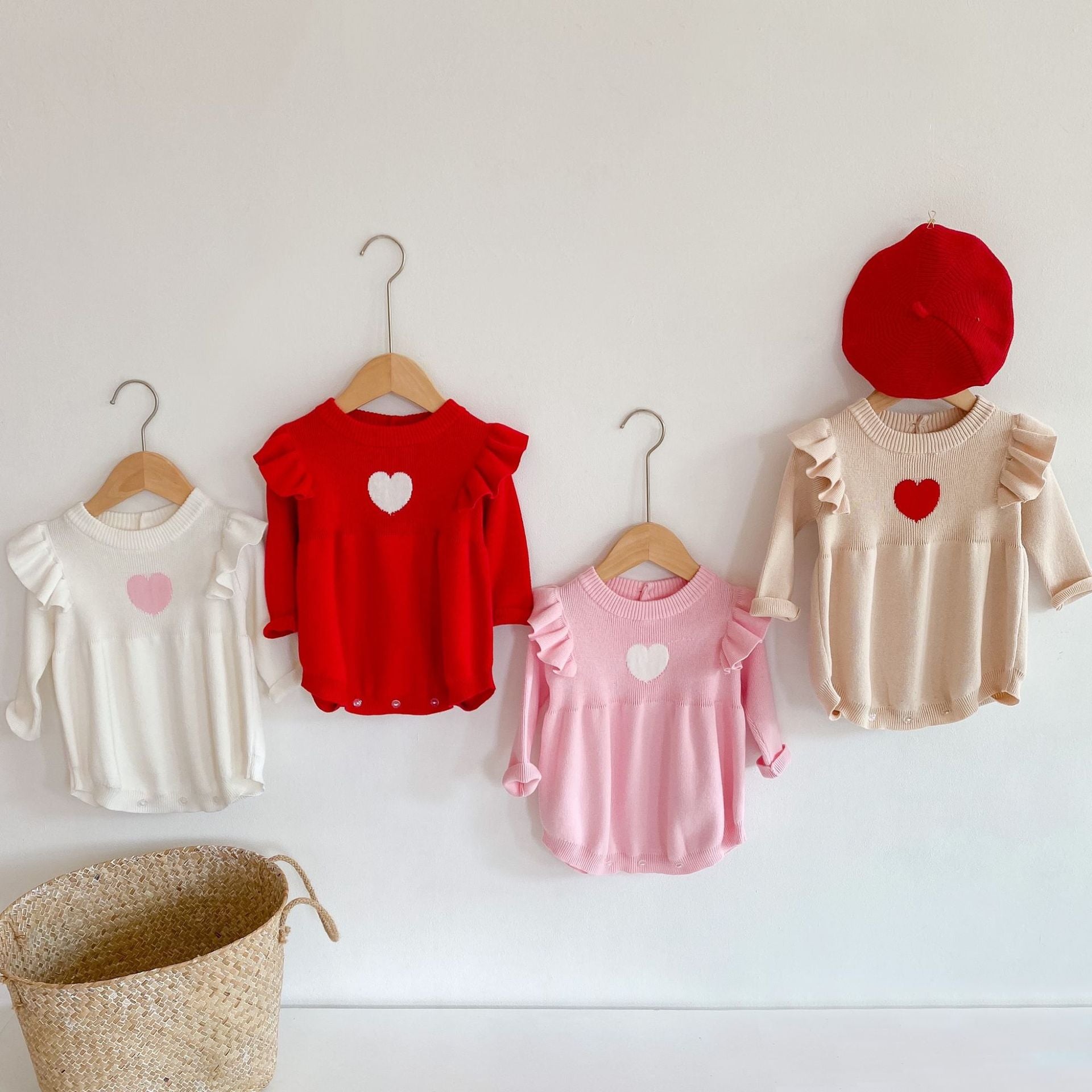 Baby Girl 1pcs Heart Embroidered Pattern Ruffle Long Sleeve Knit Onesies My Kids-USA