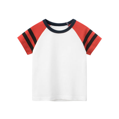 Boy Color Contrast Strips Pattern Round Collar Short-Sleeved T-Shirt