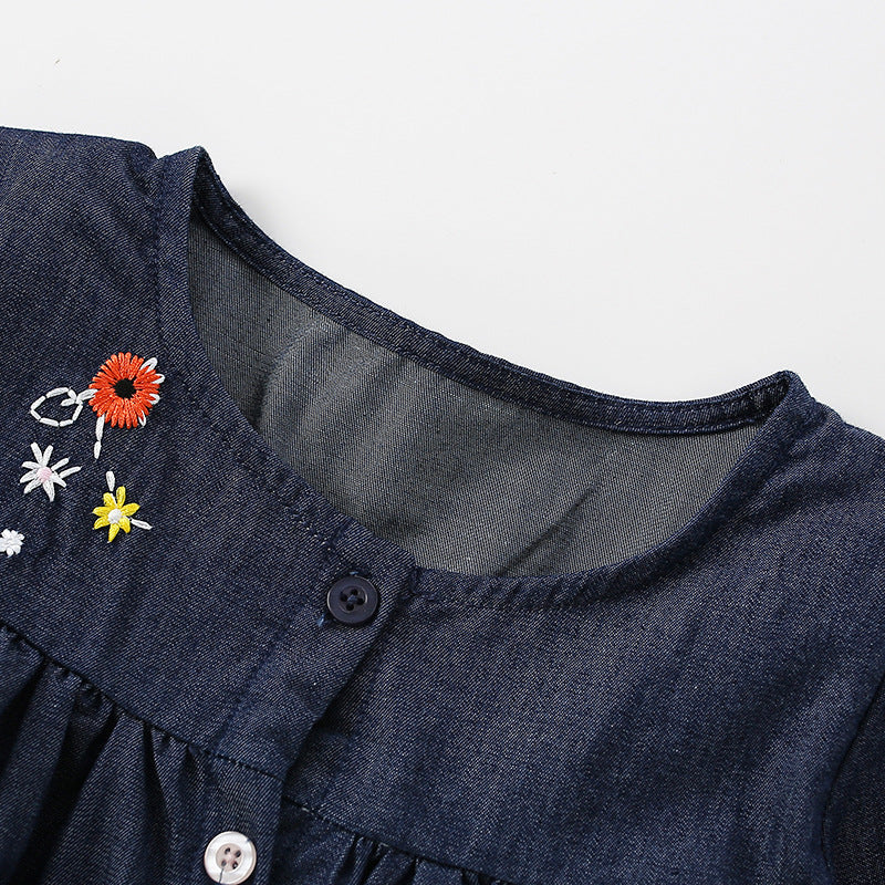 Baby Girl Flower & Cartoon Animal Pattern Button Front Design Denim Dress My Kids-USA
