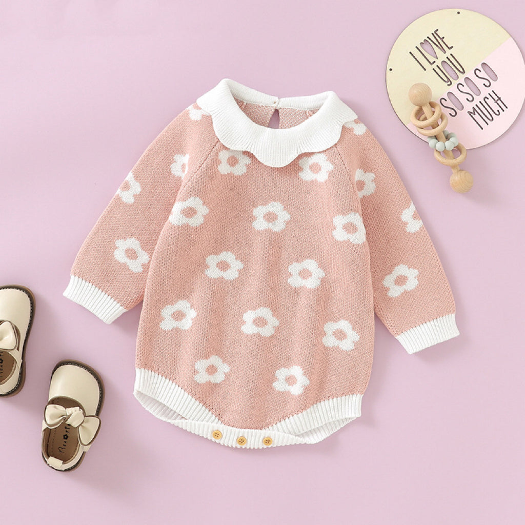 Baby Girl Floral Pattern Big Ruffle Collar Knit Cute Onesies, MyKids-USA®, Baby & Toddler Outfits, MyKids-USA - Size/Age - 59 (0-3M) - Color - Pink -  -  - JM2210051827-A