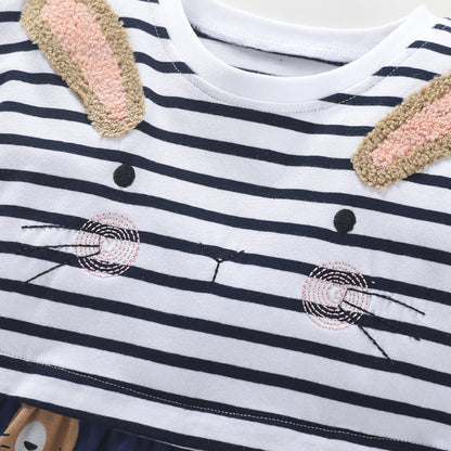 Baby Girl Striped Graphic Bunny Embroidered Design Patchwork Dress My Kids-USA