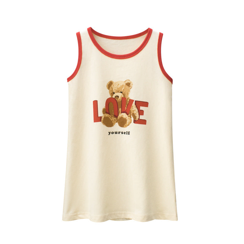 Baby Girl Bear Print Neck Color Matching Design Sleeveless T-Shirt In Summer
