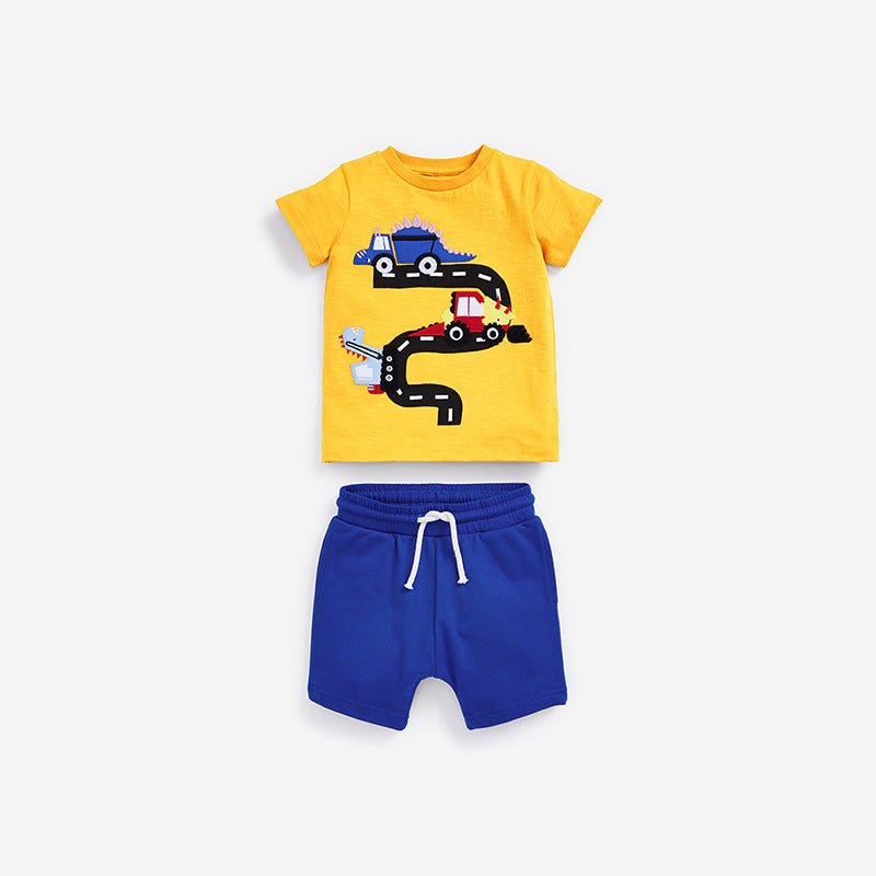 Baby Boy Cartoon Print Pattern Short Sleeve Tee With Shorts Sets