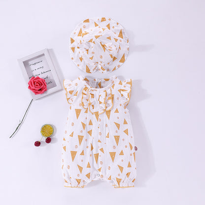 Baby Geometric Pattern Ruffle Design Sleeveless Rompers With Hat In Summe My Kids-USA