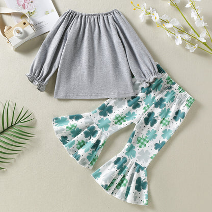Baby Girl 1pcs 4-Leaves Grass Graphic Long Sleeve Tops Combo Allover Grass Print Ruffle Hem Pants Sets My Kids-USA