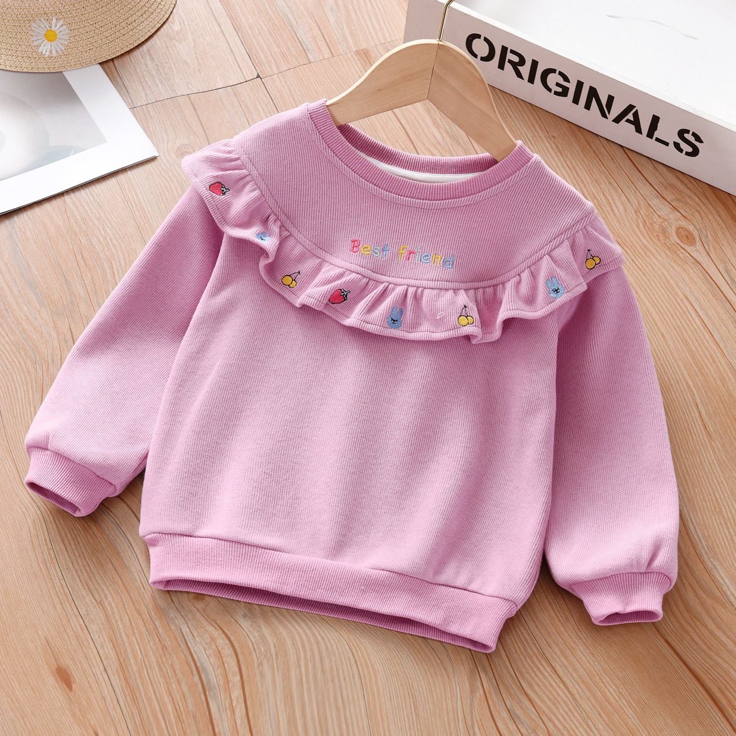 Baby Girl Fruit Embroidered Graphic Ruffle Design Corduroy Fabric Pullover Cute Hoodies My Kids-USA