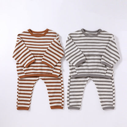 Baby Striped Pattern Or Solid Color Waffle Pocket Hoodie With Pants Sets My Kids-USA
