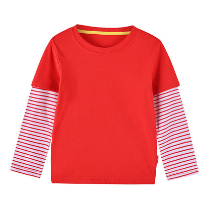 Boys And Girls Striped Sleeve Patchwork O-Neck Fake 2-Pieces Hoodie In Autumn My Kids-USA