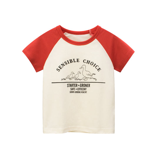 Girl Duck Print With Sensible Choice Letter Print Round-Collar Short-Sleeved T-Shirt