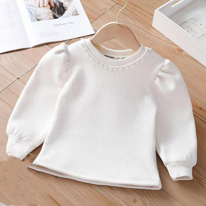 Baby Girl Solid Color Pearl Patched Neck Design Loose Sweet Hoodies My Kids-USA