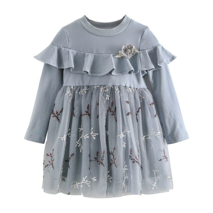 Baby Girl Floral Embroidered Pattern Ruffle Design Mesh Overlay Dress My Kids-USA