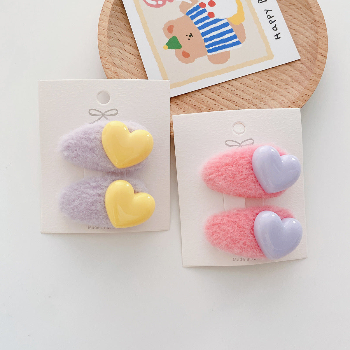 Sweet Girls Candy Color Heart Patched Design Plush Hairpin