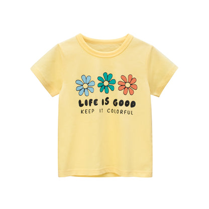 Girl Life Is Good Floral Print Round-Collar Short-Sleeve Summer T-Shirt