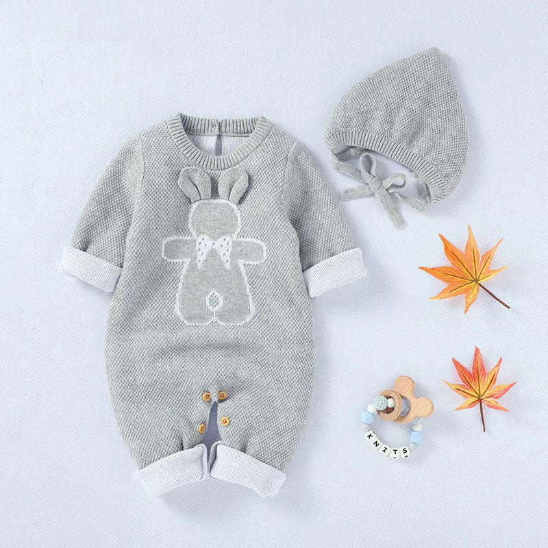Baby Cartoon Bunny Embroidered Graphic Solid Warm Rompers With Hat My Kids-USA