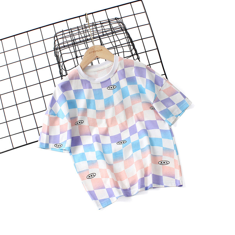 Baby Boy Checkerboard Pattern Short Sleeve Crewneck Tee