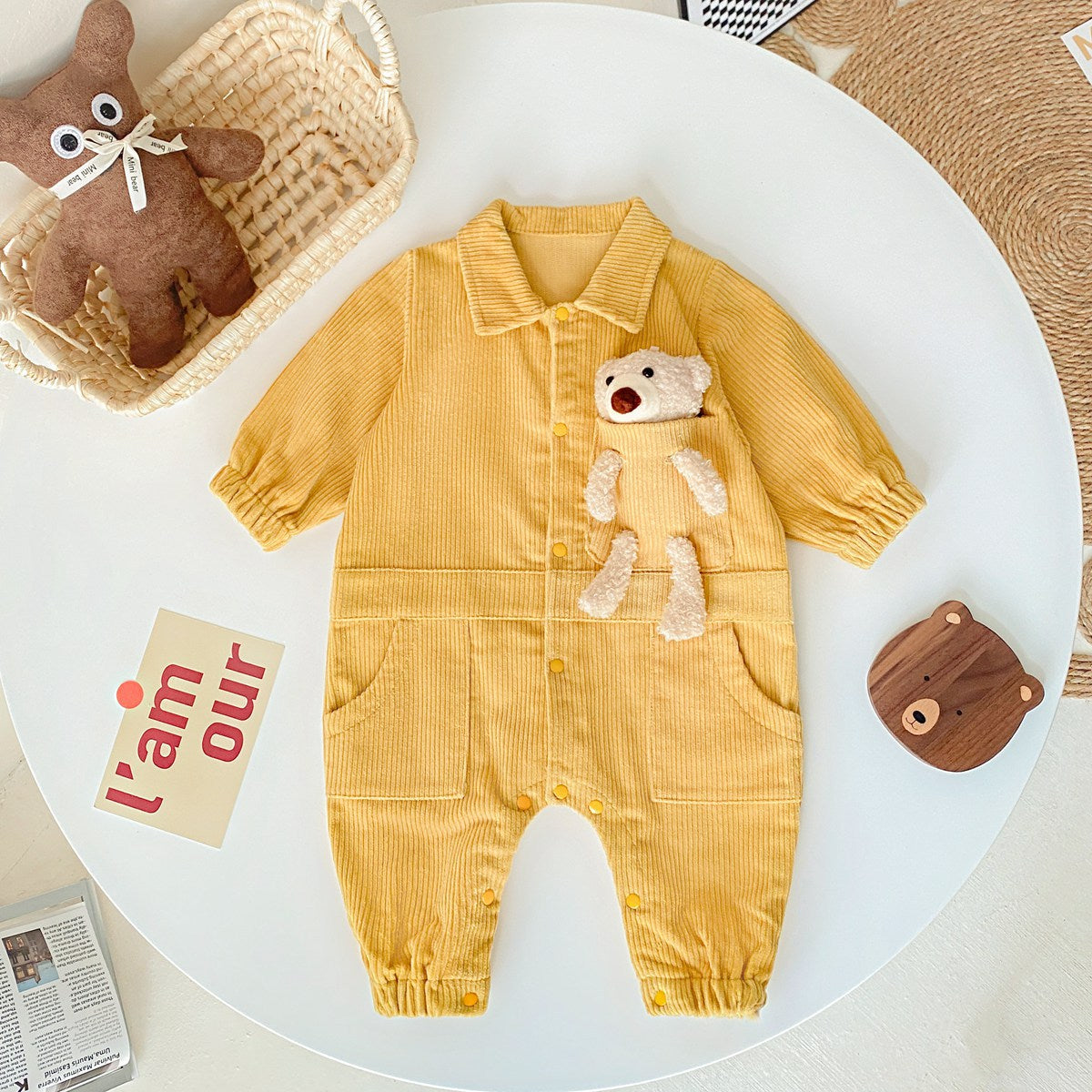 Baby 3D Cartoon Bear Patched Design Corduroy Fabric Button Front Romper My Kids-USA